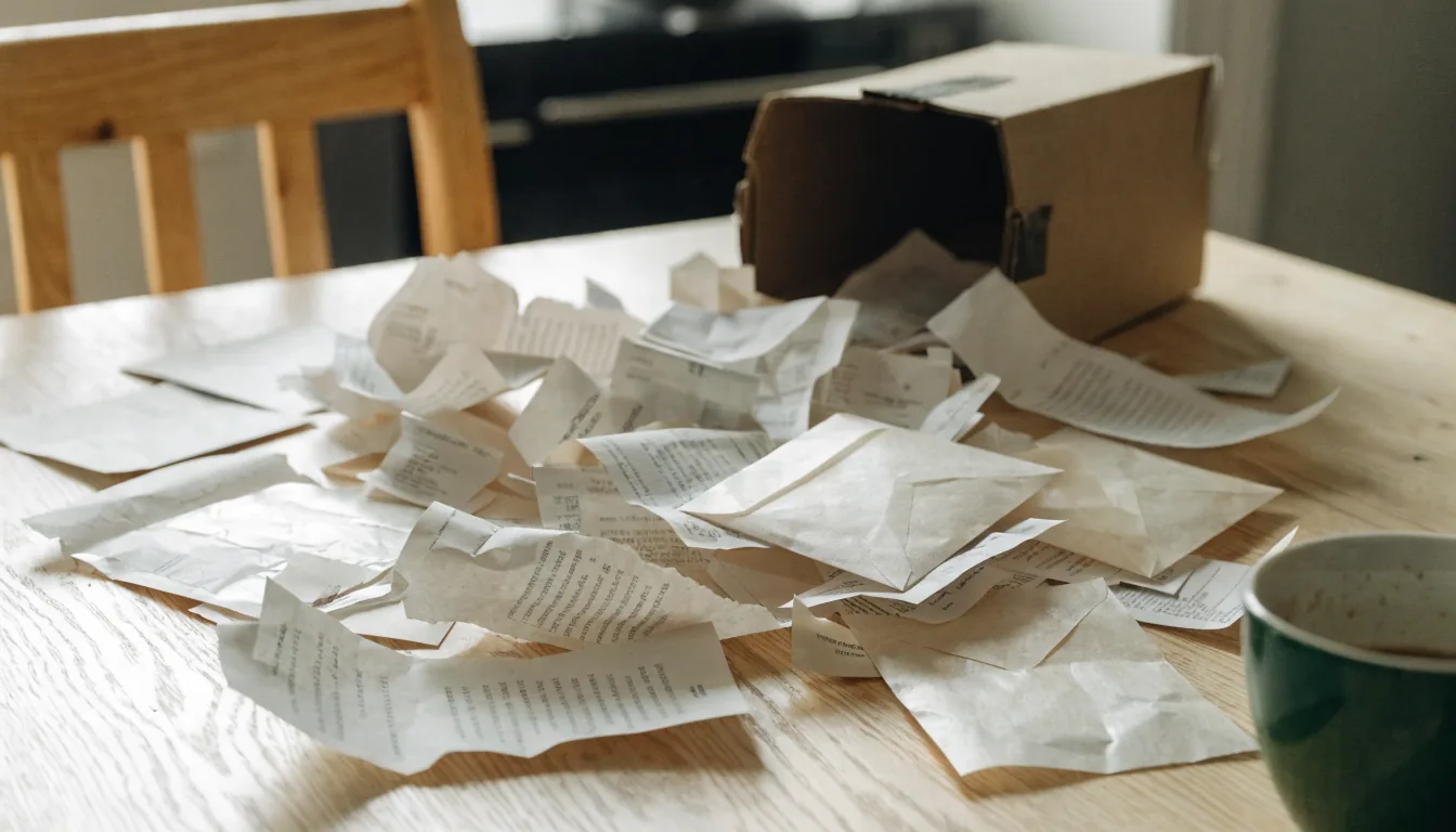 A kitchen table covered in crumpled receipts, unopened window envelopes and curled till rolls spilling from a tipped-over shoebox, beside a cold mug of coffee.