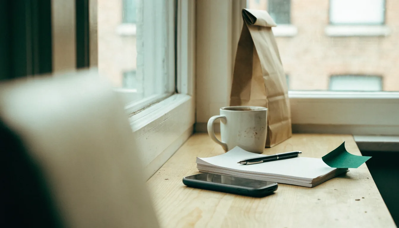 A desk beside a window with a phone face down next to a plain notepad and pen, a mug, and a deep green sticky note on the notepad's edge.