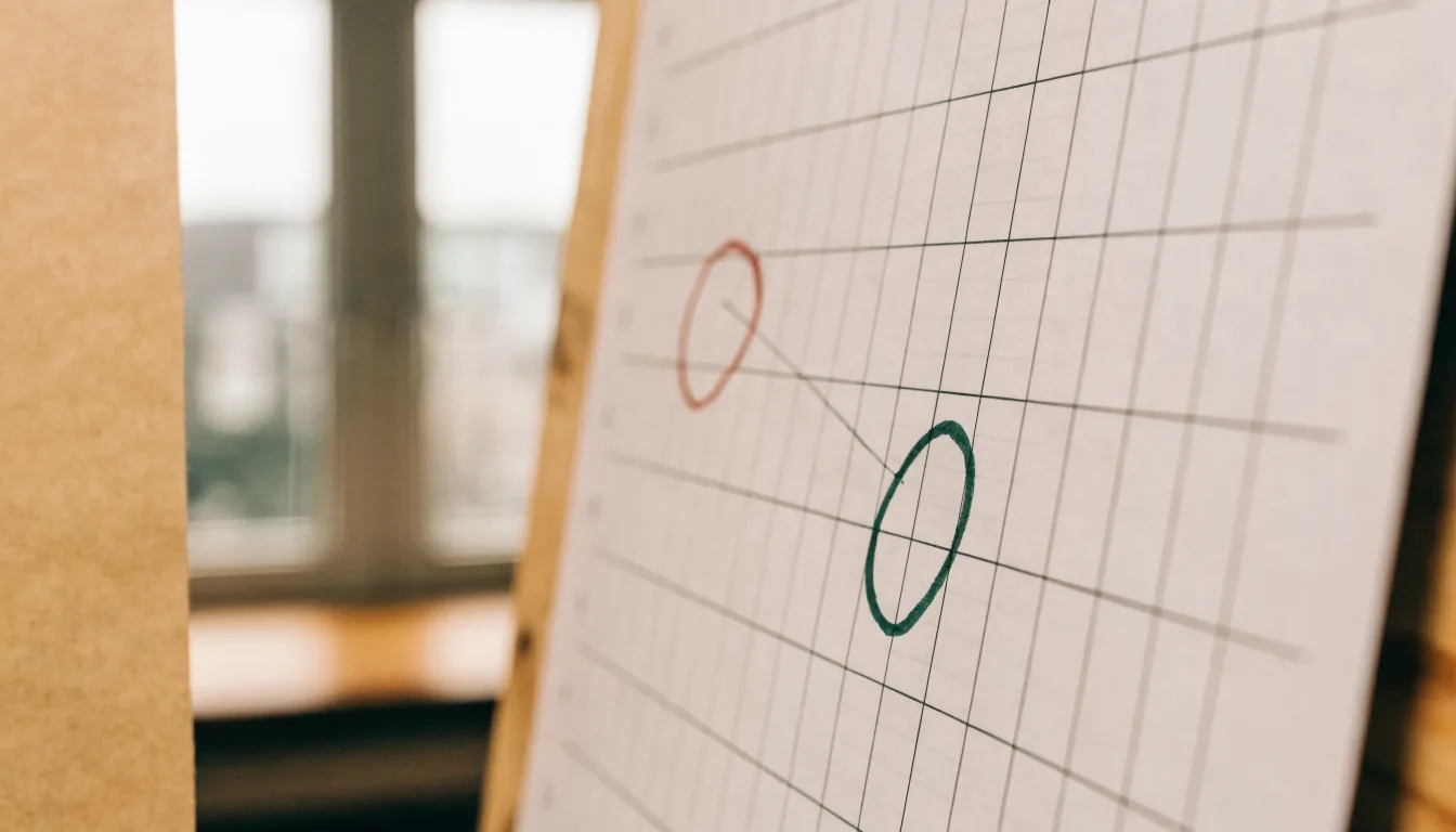 A paper wall planner with exactly two dates ringed far apart, one in red and one in green, joined by a faint pencil line across the otherwise blank grid.