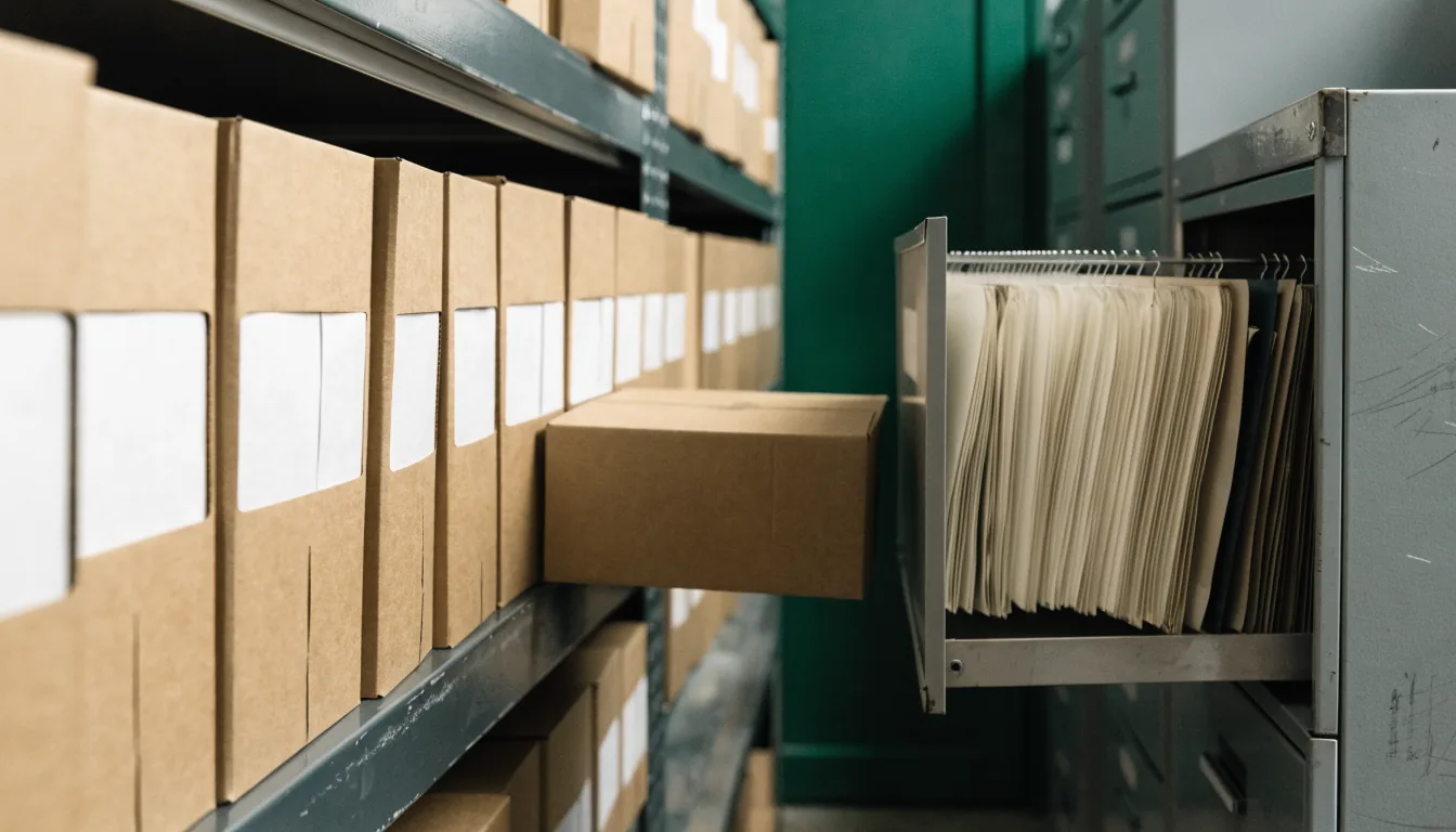 A row of kraft archive storage boxes on a metal shelf with blank label windows, one pulled forward, beside a grey filing cabinet with a drawer open on suspension files.