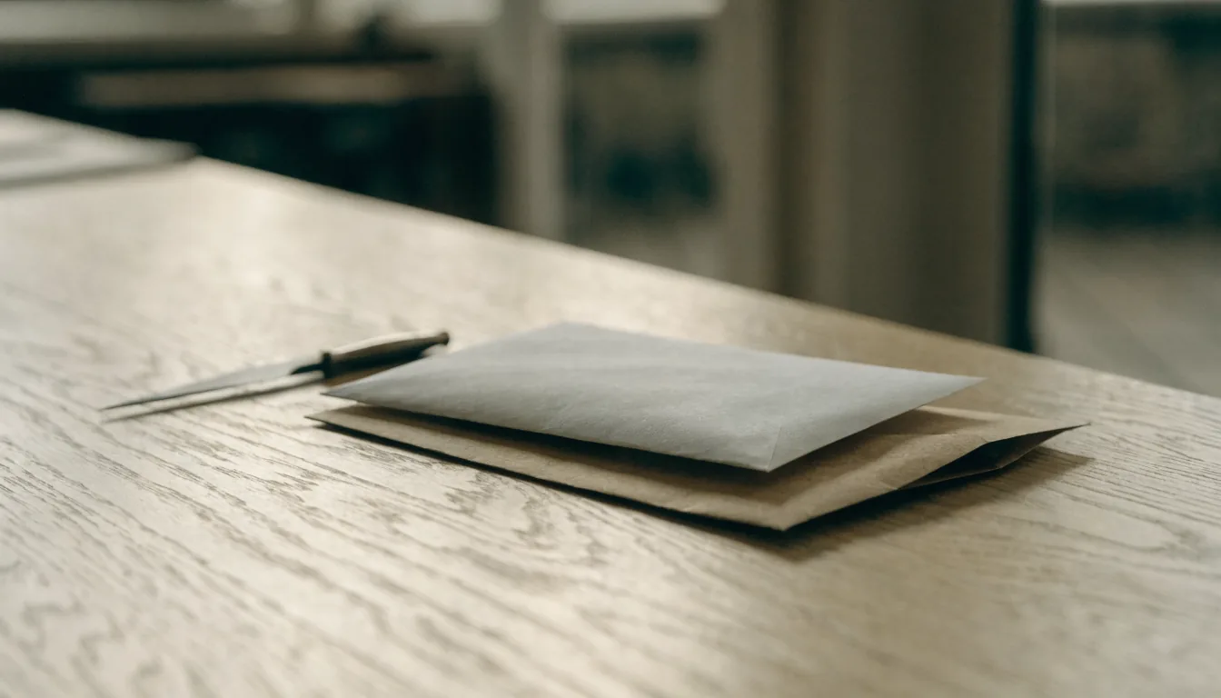 A single unopened plain window envelope lying face down on a pale oak table, a letter opener beside it and another already-slit envelope underneath.