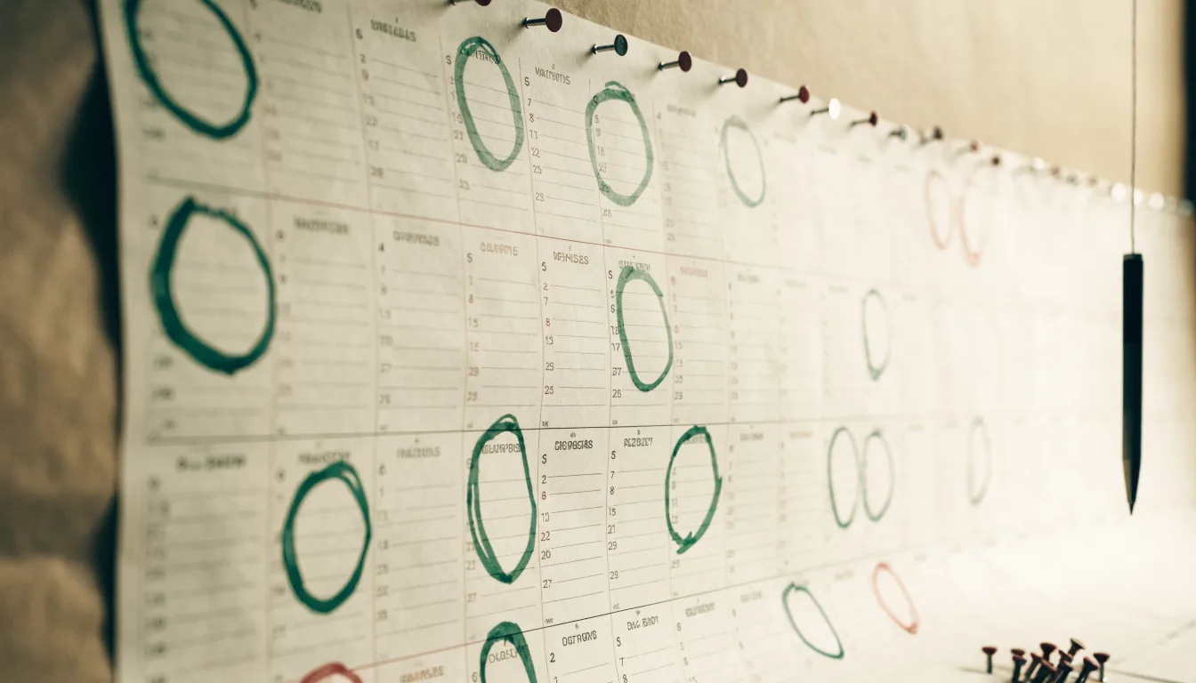 A full twelve-month paper year planner pinned across a wall, with many dates ringed in green and red across the grid and a pen hanging on a string.