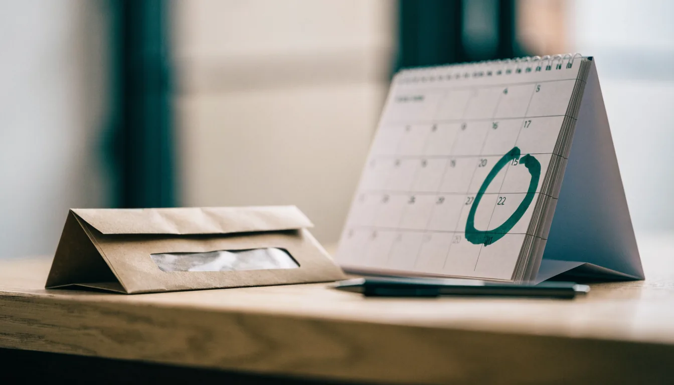 A desk calendar standing open beside a sealed window envelope and a pen, with one date block ringed in deep green.