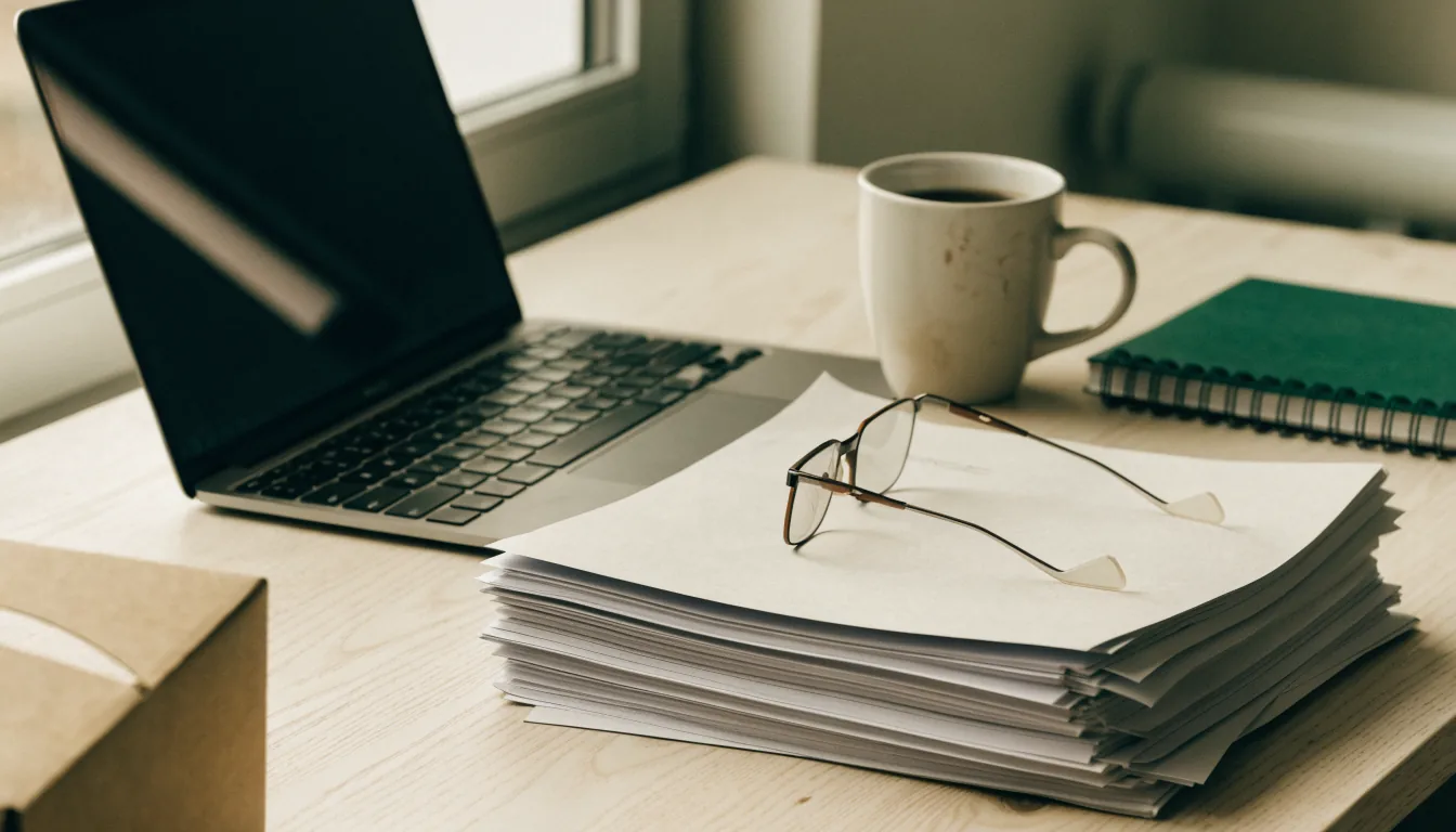 A small business owner's desk in soft daylight: an open laptop, a squared stack of paper invoices, a mug, reading glasses and a notebook.