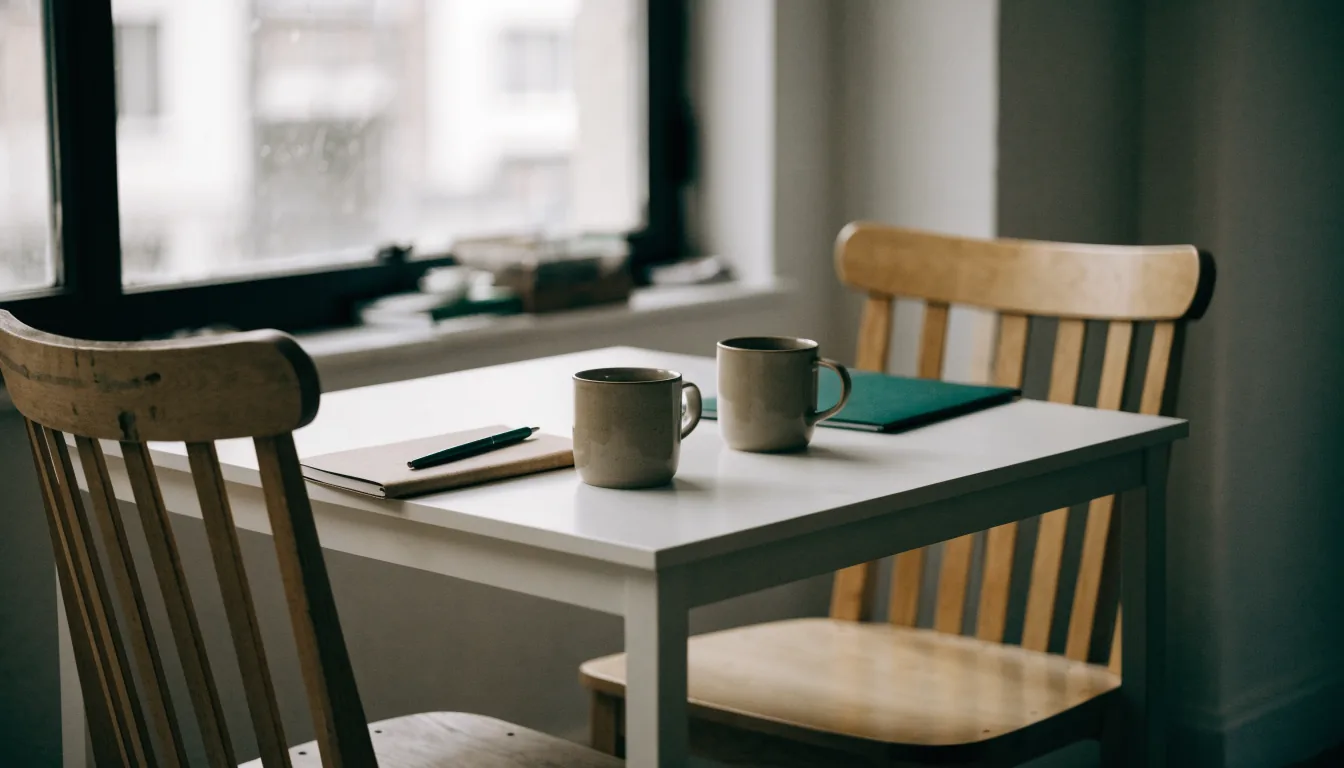 A small plain meeting table set for two: two empty chairs, two mugs, a closed notebook and pen at one place and a folder at the other.