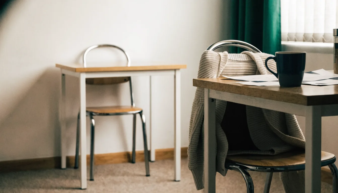 Two desks side by side in a small office: the nearer one lived-in with a mug, papers and a cardigan over the chair, the further one bare with its chair pushed in.
