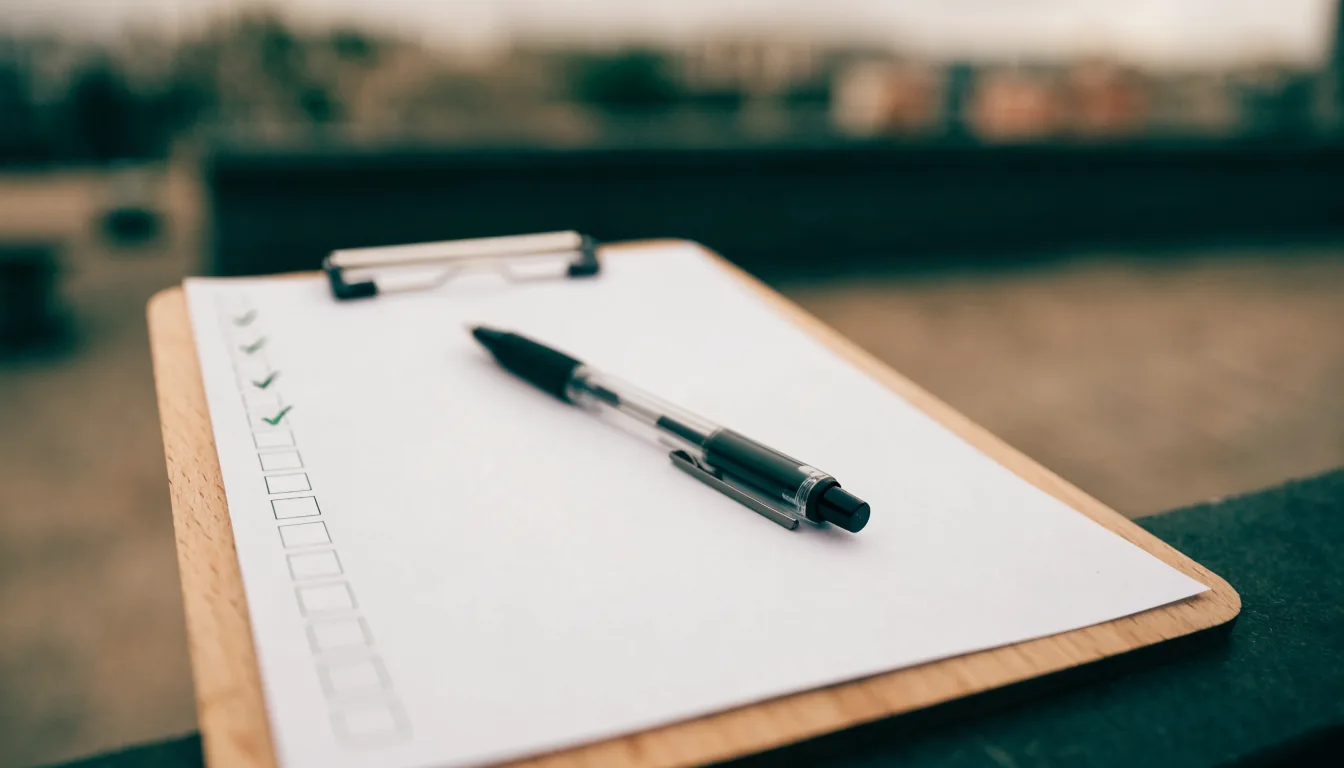 A wooden clipboard holding a sheet of paper with a column of small empty squares, the upper few marked with a green tick, and a pen laid across it.