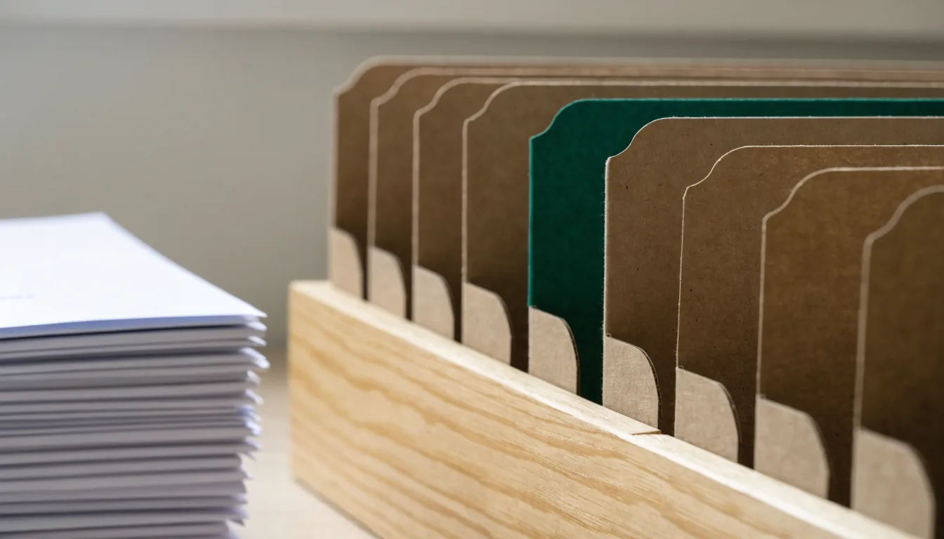 Upright kraft file dividers standing in a wooden desktop rack, tabs staggered, one divider deep green, with a tidy stack of finished paperwork beside it.
