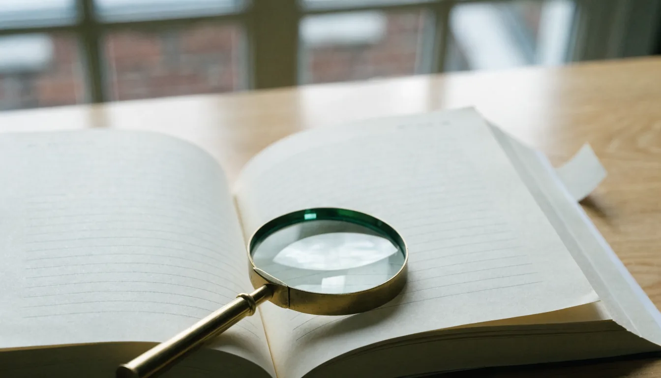A large open book with faint ruled lines on a wooden desk, a brass magnifying glass resting on the page and one page corner folded down.