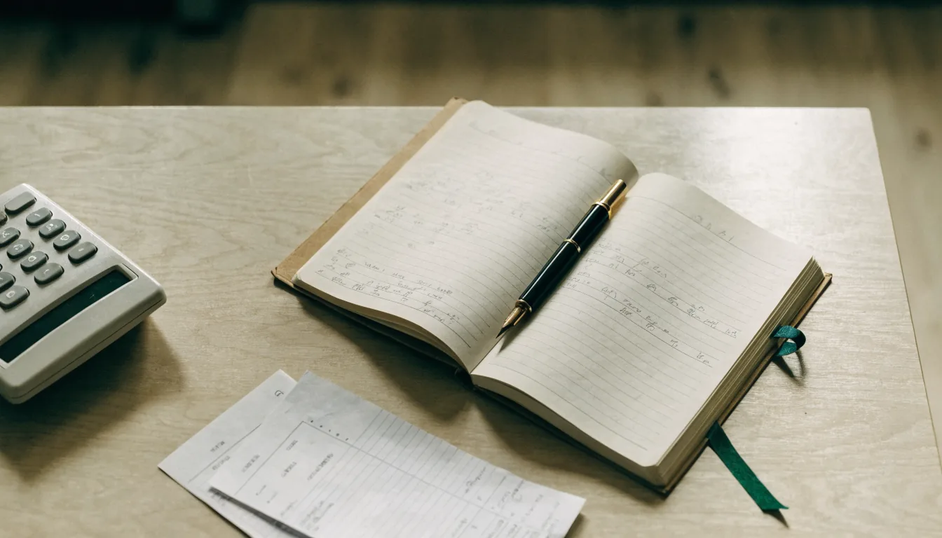 Overhead view of a wooden desk with a desktop calculator, an open lined notebook, a fountain pen, two fanned receipts and a deep green bookmark.