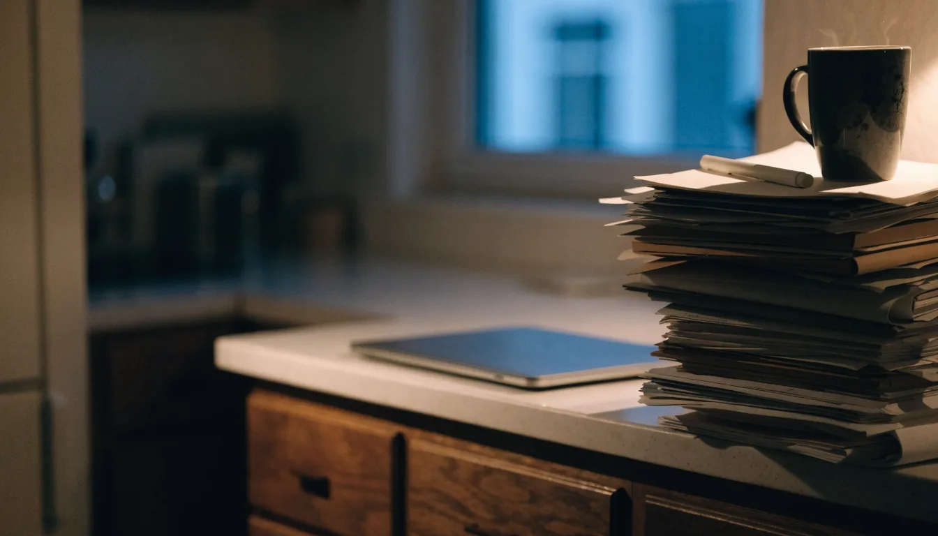 A kitchen counter late in the evening under lamplight: a closed laptop pushed aside, a tall stack of paperwork, a cooling mug and a pen resting on the pile.