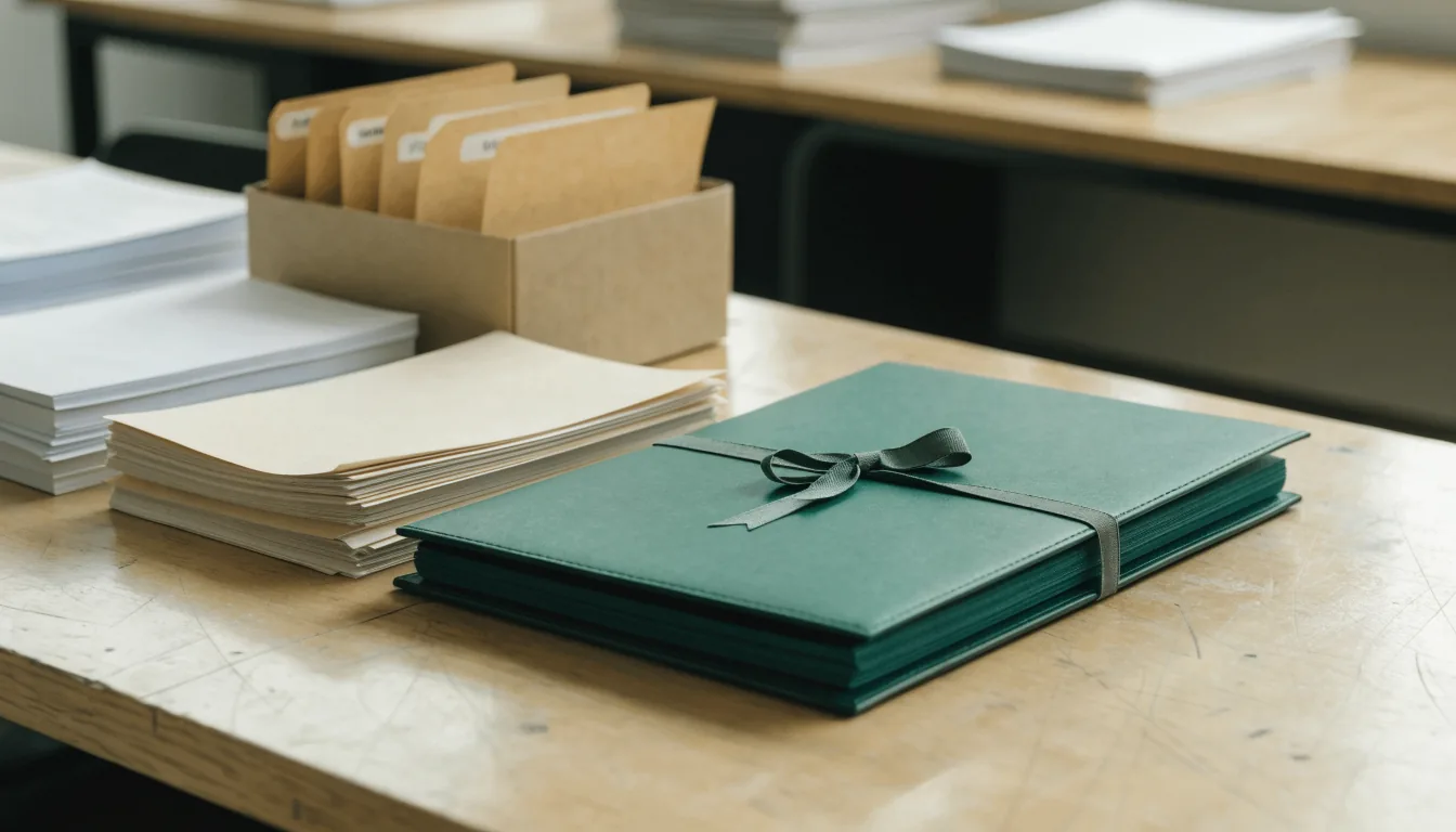 A closed deep green document folder tied with a ribbon on a clean desk, beside squared stacks of paper and labelled dividers in a file box.